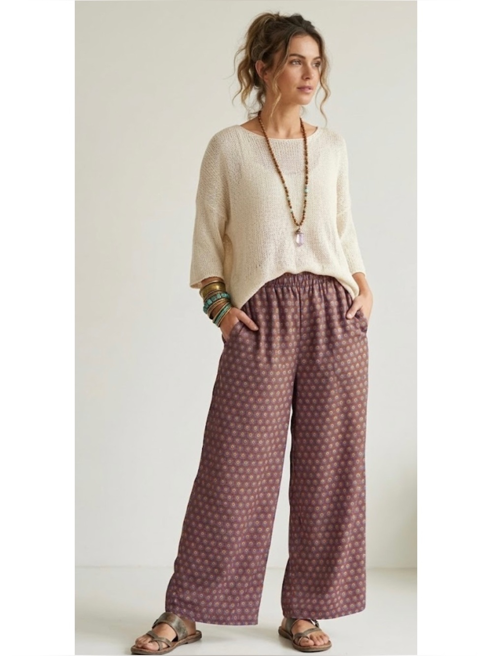 Rose & Olive Retro Floral Geometric Wide Leg Pants Elastic Waist
